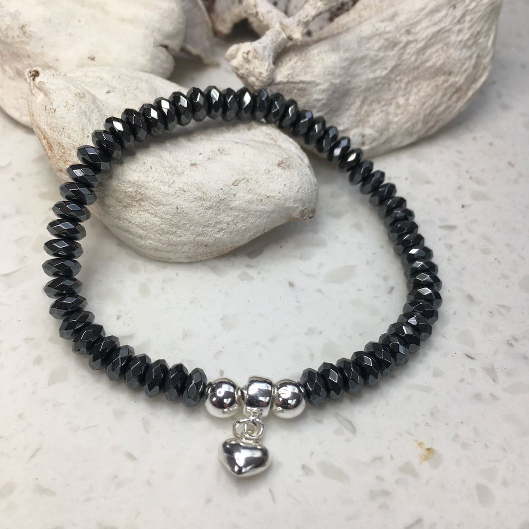 Haematite 4mm with heart charm bracelet